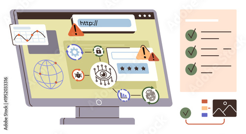 Cybersecurity, data protection, online privacy, internet safety, threat detection, digital monitoring. Computer screen browser, alert icons passwords and security elements. Cybersecurity and data