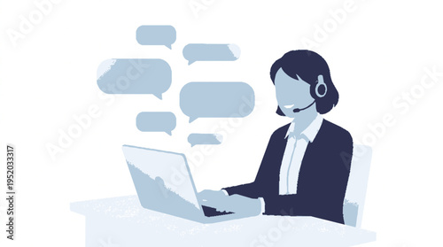 Customer support representative working on laptop with speech bubbles providing assistance and solutions