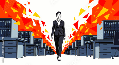 Confident businesswoman walks through chaotic office with exploding geometric shapes in background
