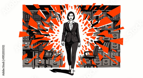Confident businesswoman breaking through office chaos, symbolizing success and overcoming challenges