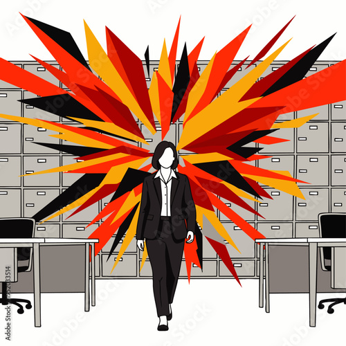 Businesswoman overwhelmed by chaotic thoughts and stress in a cluttered office environment with filing cabinets and desks.