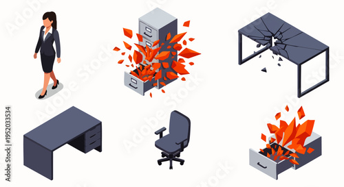 Businesswoman walks away from chaotic office destruction: exploding filing cabinet, broken desk, and burning drawers.
