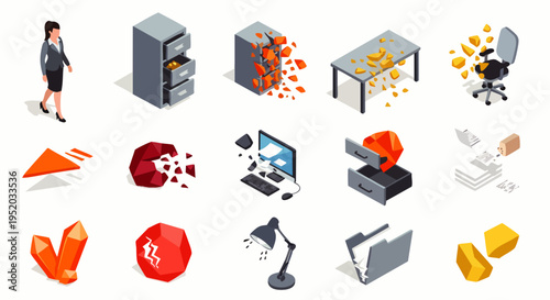 Isometric office icons: desk, computer, filing cabinet, lamp, chair, documents, gems, business woman, abstract shapes