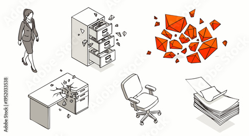 Businesswoman and office chaos: broken desk, exploding filing cabinet, scattered papers, and abstract shapes