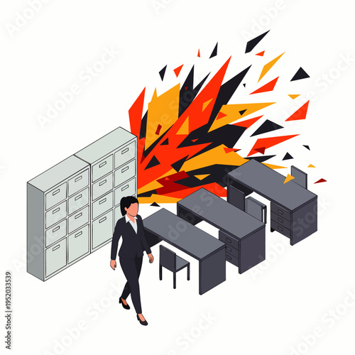 Woman walks away from exploding office with filing cabinets and desks, symbolizing burnout or business failure