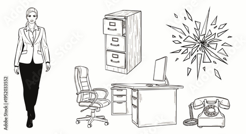 Business Woman Walking Past Office Furniture, Filing Cabinet, Computer, Telephone, and Broken Glass