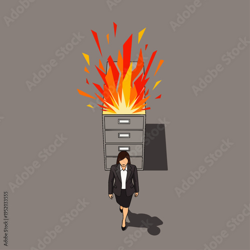 Businesswoman walking away from a burning filing cabinet, symbolizing stress, burnout, or a crisis at work.