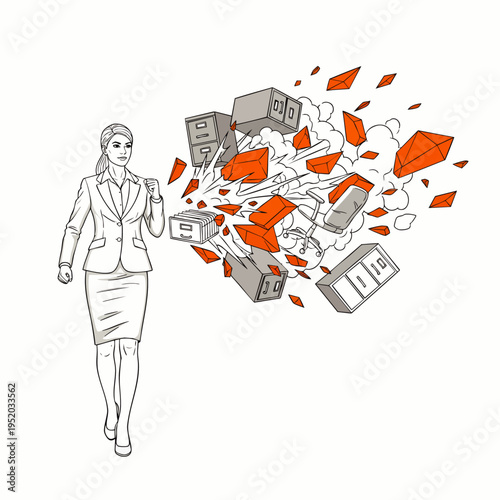 Businesswoman breaks through office clutter and obstacles with determination and success