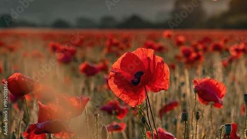 Vibrant red flowers bloom in a sunlit field during golden hour