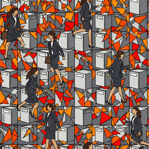Businesswoman navigating a maze of boxes, symbolizing career challenges and obstacles