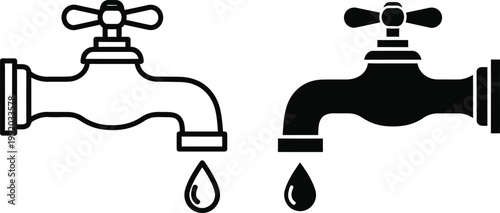 Silhouette of two leaking faucets with water drops