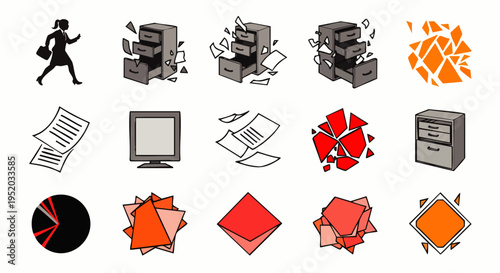 Office Chaos: Icons Depicting Paperwork Overload, Disorganization, and Stress