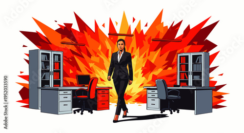 Determined businesswoman walks calmly through an office explosion, symbolizing resilience and overcoming challenges.