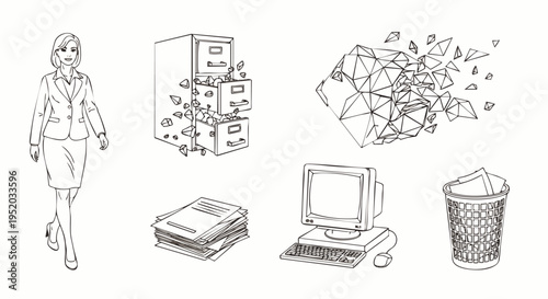 Business woman walking past office icons: filing cabinet, abstract data, computer, documents, trash can