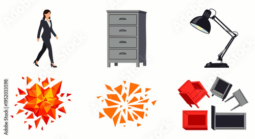 Office supplies and abstract explosion graphics on a white background