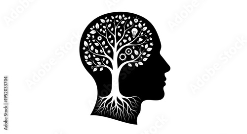Black silhouette of a human head with a conceptual tree inside, displaying various idea and knowledge icons, symbolizing creative thinking and mental growth on an isolated white background.