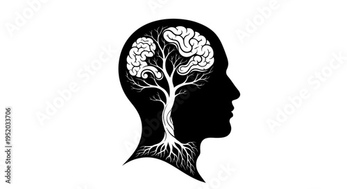 Human Head Silhouette with Detailed Brain Transforming into Tree, isolated white background