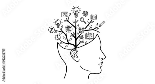 Outline of a human head with a conceptual tree inside, displaying various idea and knowledge icons, symbolizing creative thinking and mental growth on an isolated white background.