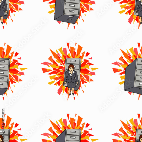 Woman overwhelmed by paperwork, filing cabinet explosion, stress, office work, business chaos, workload, bureaucracy