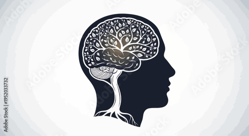 Human Head Silhouette with Detailed Brain and Growing Tree Branches, in bright studio