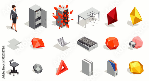 Isometric Business Icons: Office Supplies, Geometric Shapes, and a Professional Woman