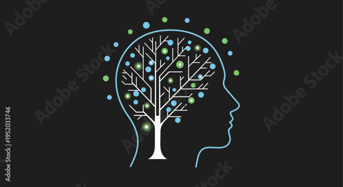 Human head silhouette with a vibrant brain tree made of circuits and data points, symbolizing digital intelligence and interconnected thought processes on a dark background.