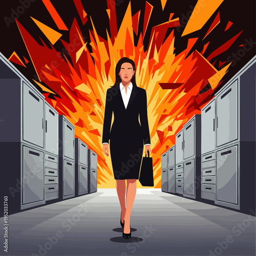 Businesswoman walks calmly through office fire, symbolizing resilience and overcoming challenges.