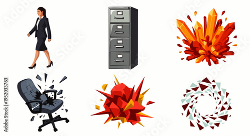 Business office icons: woman, filing cabinet, explosions, broken chair, abstract design