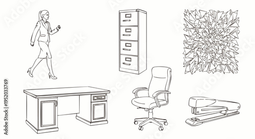 Office supplies and furniture collection: desk, filing cabinet, chair, stapler, woman walking, leaves pattern