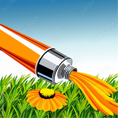 a whimsical floral transformation flowing from a stylized tube, blending playful surrealism with polished modern editorial design