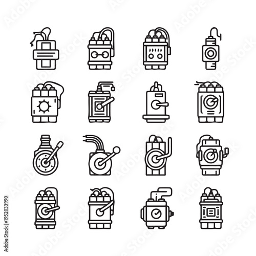 Explosive Device Icons Collection Assorted Dynamite and Bomb Designs Vector Line Art