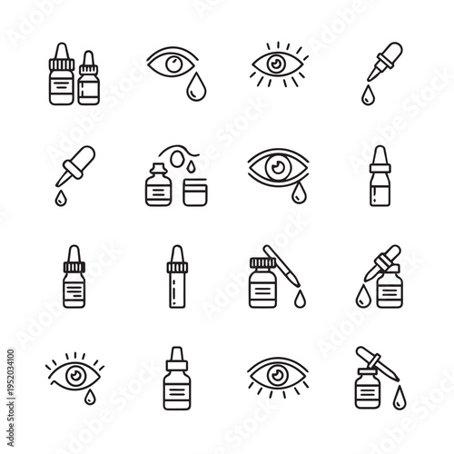 Eye Drops and Dropper Icons Set Medical Ophthalmic Liquid Containers and Vision Care Symbols Line Art