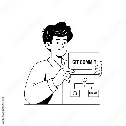Line art designer holding an svg asset illustrating git commit workflow or Minimal vector illustration of a designer presenting git commit concept