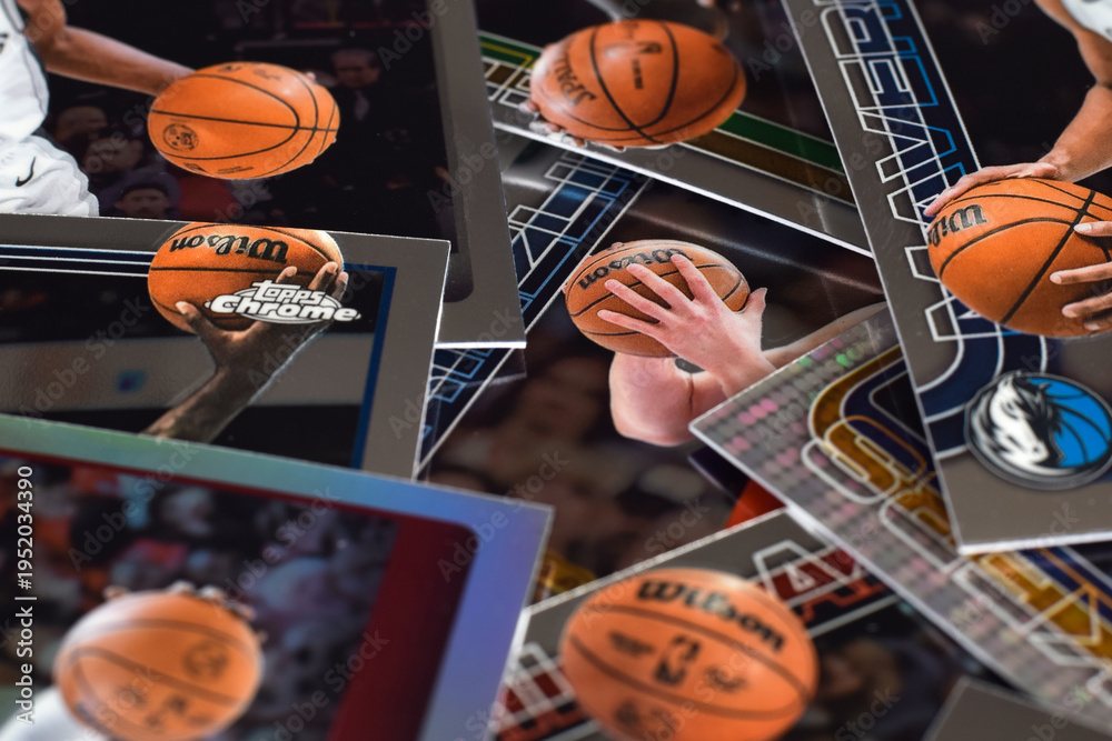 Fototapeta premium Collection of basketball trading cards featuring closeups of players hands holding or controlling the ball. Cropped sports imagery emphasizing action details and movement.