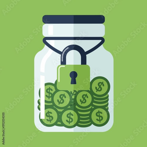 Glass jar filled with coins, secured with a padlock on top.