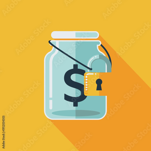 Illustration of a jar with a dollar sign, lock, and measuring tape.
