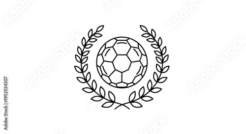 Soccer Ball with Black Patches in Partially Outline Laurel Wreath Emblem isolated white background
