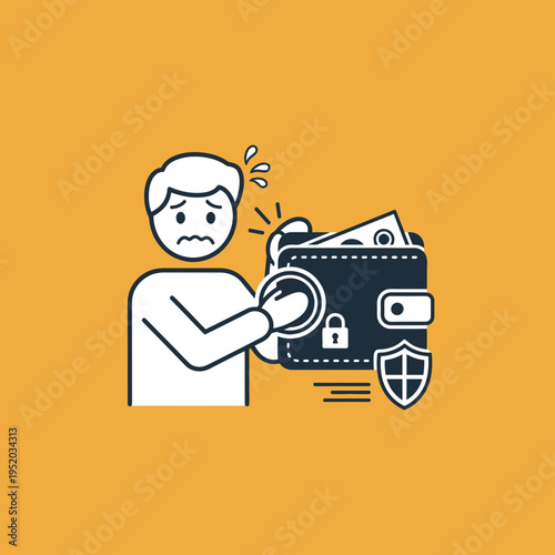 Person worried about losing money from a wallet with a lock and shield icon.