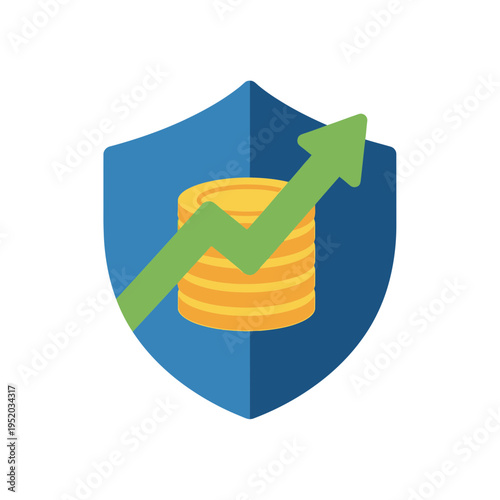 Stack of coins with an upward trending arrow in front of a shield.