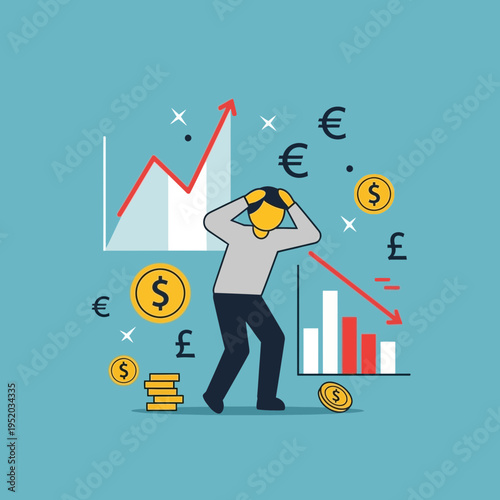 Person distressed over financial loss with declining charts and currency symbols.