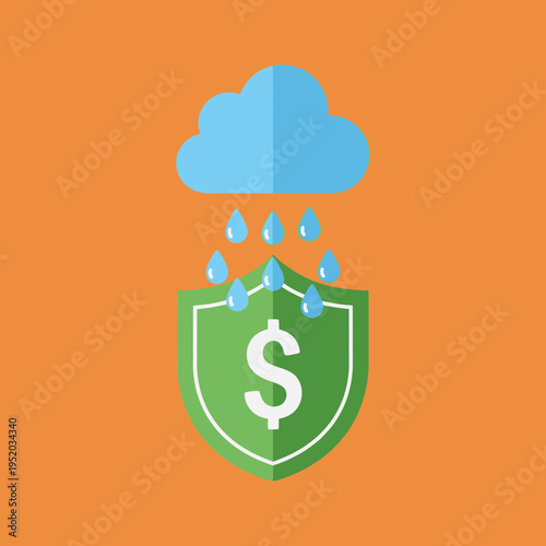Cloud with raindrops above a shield with a dollar sign symbolizing financial protection from weather.