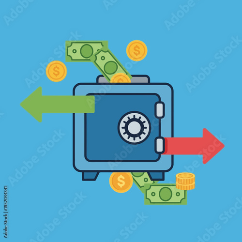 Safe with money, cash and coins being deposited and withdrawn.