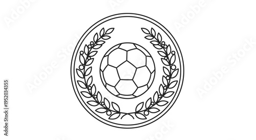 Black Outline Soccer Ball in Circular Laurel Wreath Frame Icon on isolated white background