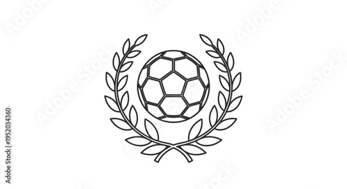 Black Outline Soccer Ball and Laurel Wreath Award Icon on isolated white background