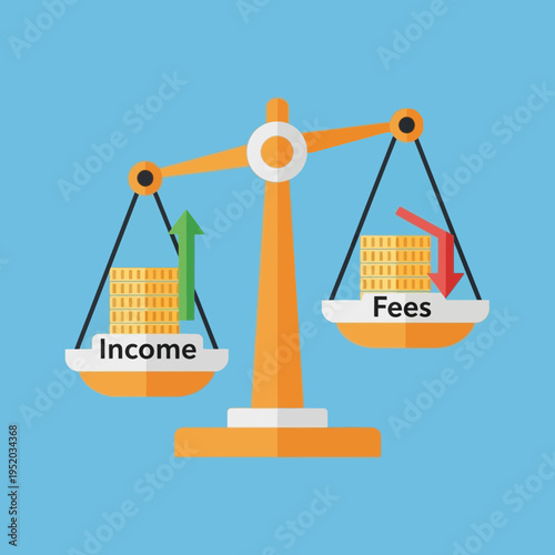 Balance scale comparing income and fees with stacks of coins and arrows.