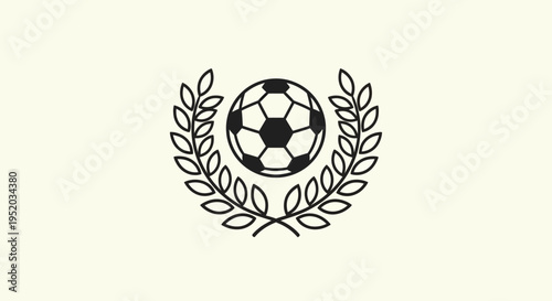 Black Filled Soccer Ball and Laurel Wreath Award Icon on bright beige background