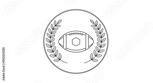Black Outline American Football in Circular Laurel Wreath Frame Icon on isolated white background