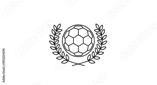 Black Outline Soccer Ball and Laurel Wreath Award Icon on isolated white background