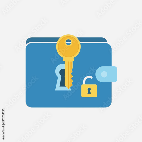 Digital illustration of a locked safe with a key and an unlocked padlock.