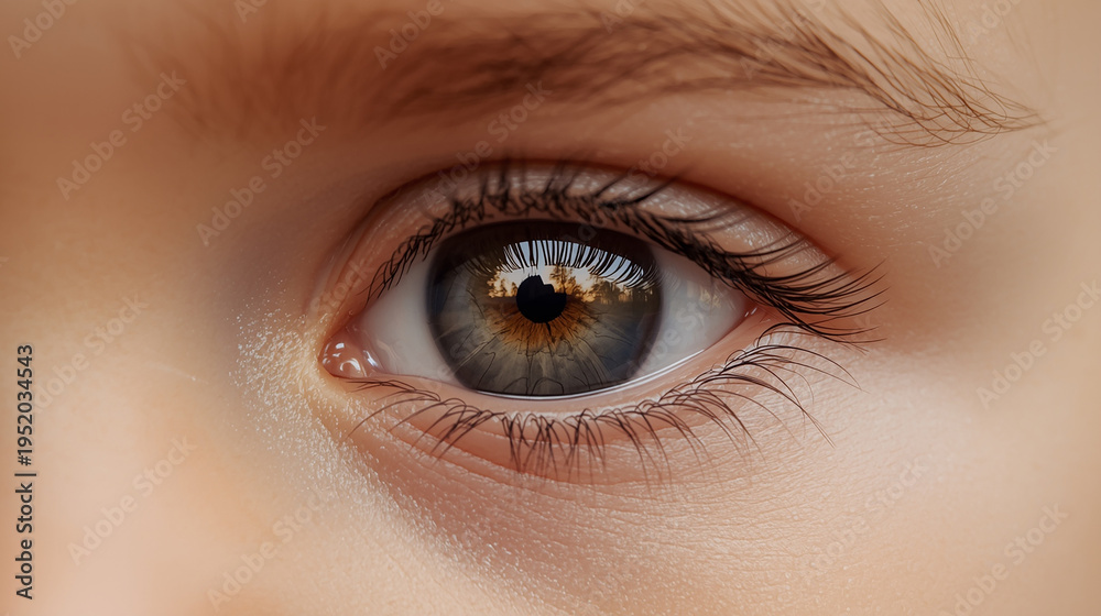 Fototapeta premium Child Eye Reflection. Macro close-up of a young child's eye (1–3 years old) with a clear reflective pupil showing a soft outdoor scene (light, trees or sky), smooth baby skin and fine details, innocen